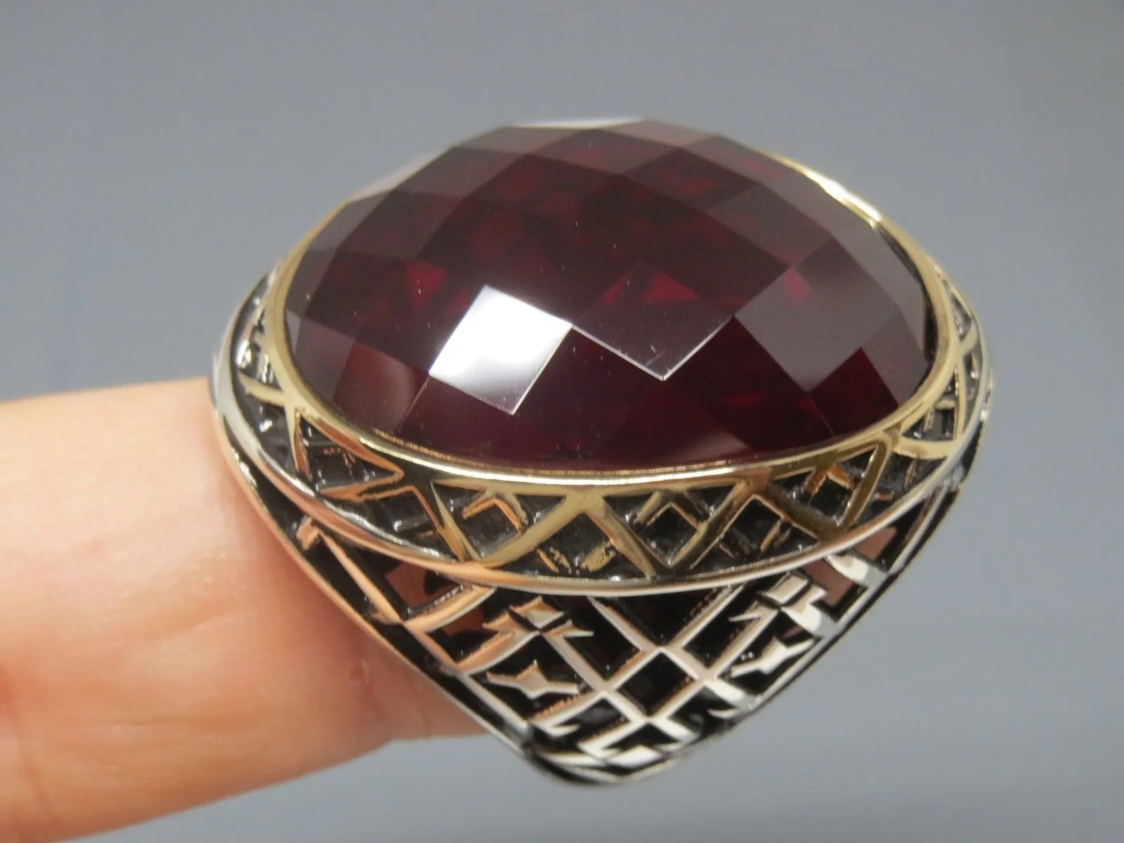 Turkish Handmade Jewelry 925 Sterling Silver Garnet Stone Mens Rings