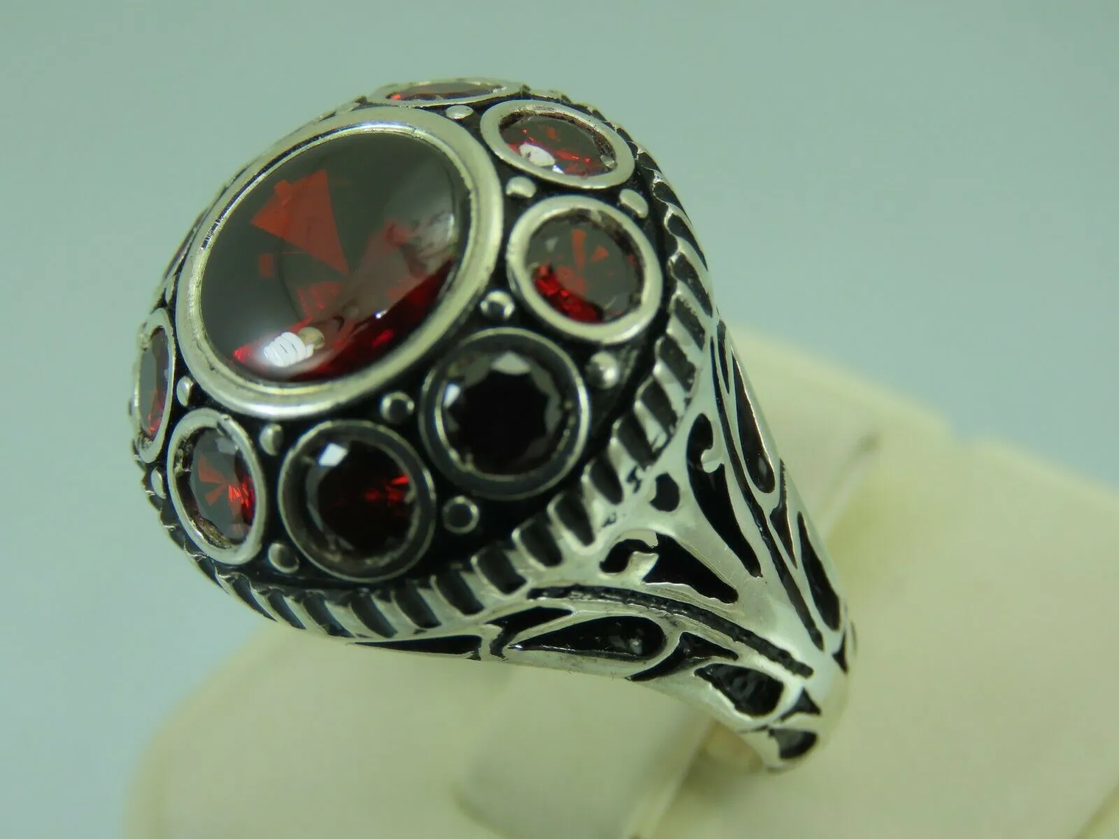Turkish Handmade Jewelry 925 Sterling Silver Garnet Stone Mens Rings