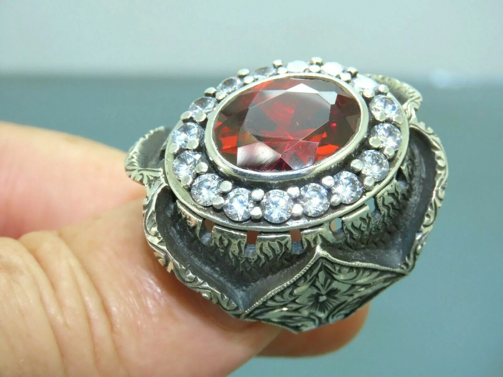 Turkish Handmade Jewelry 925 Sterling Silver Garnet Stone Mens Rings