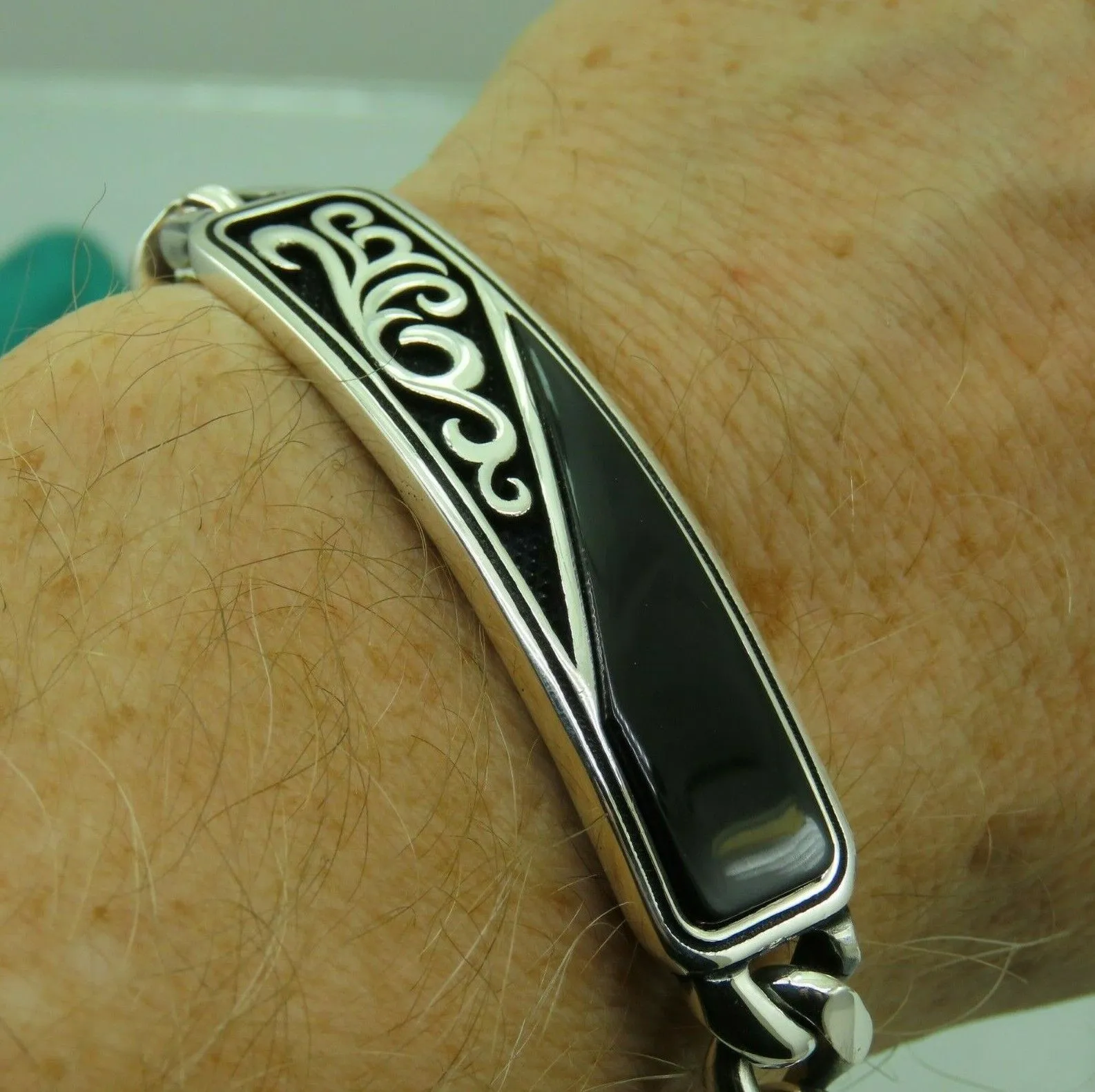 Turkish Handmade Jewelry 925 Sterling Silver Onyx Stone Mens Bracelets