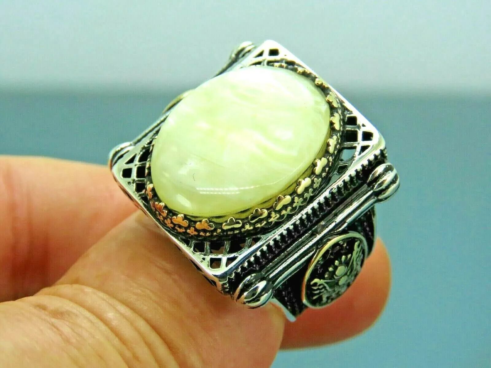 Turkish Handmade Jewelry 925 Sterling Silver Pearl Stone Men's Rings