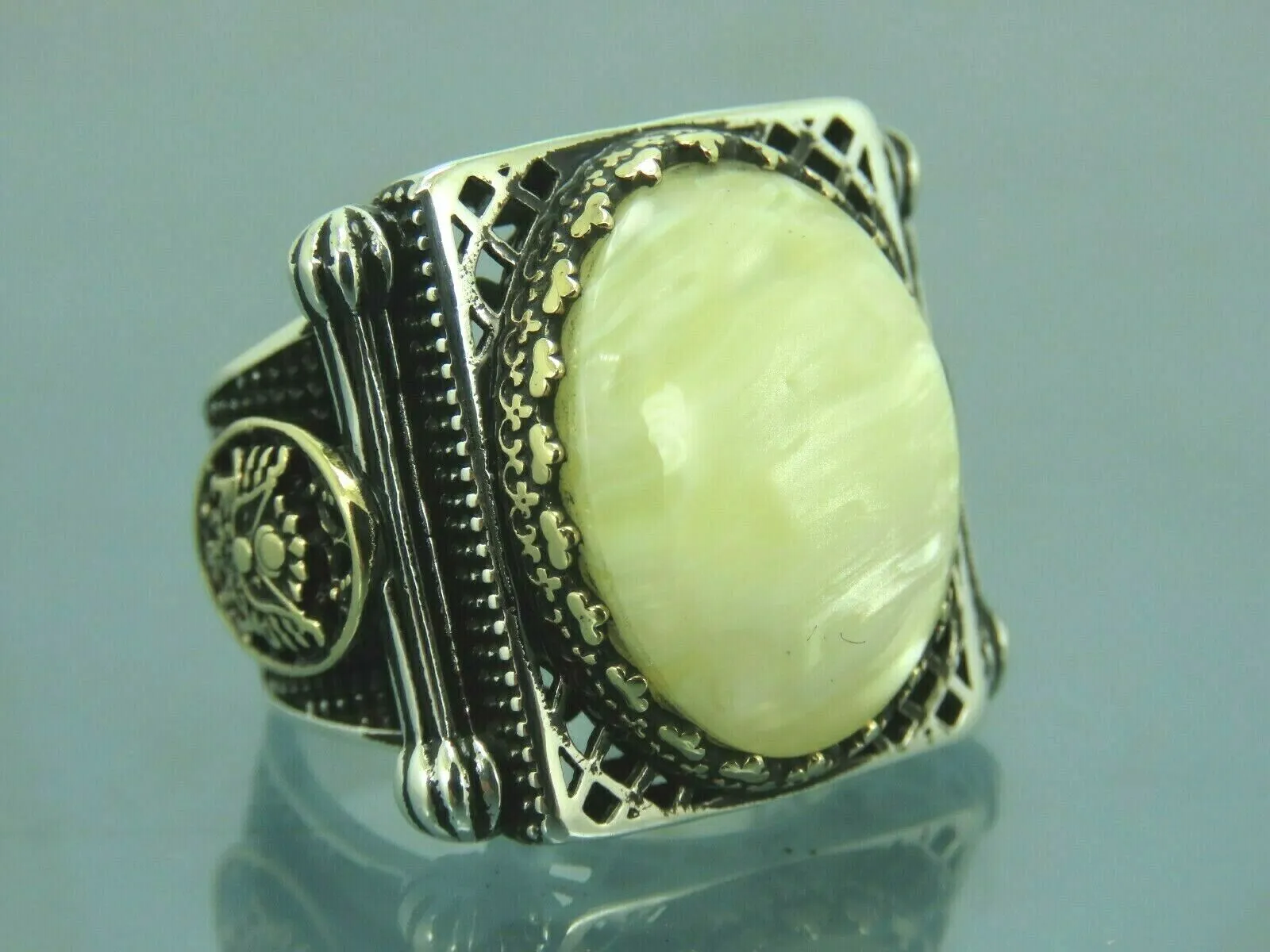 Turkish Handmade Jewelry 925 Sterling Silver Pearl Stone Men's Rings
