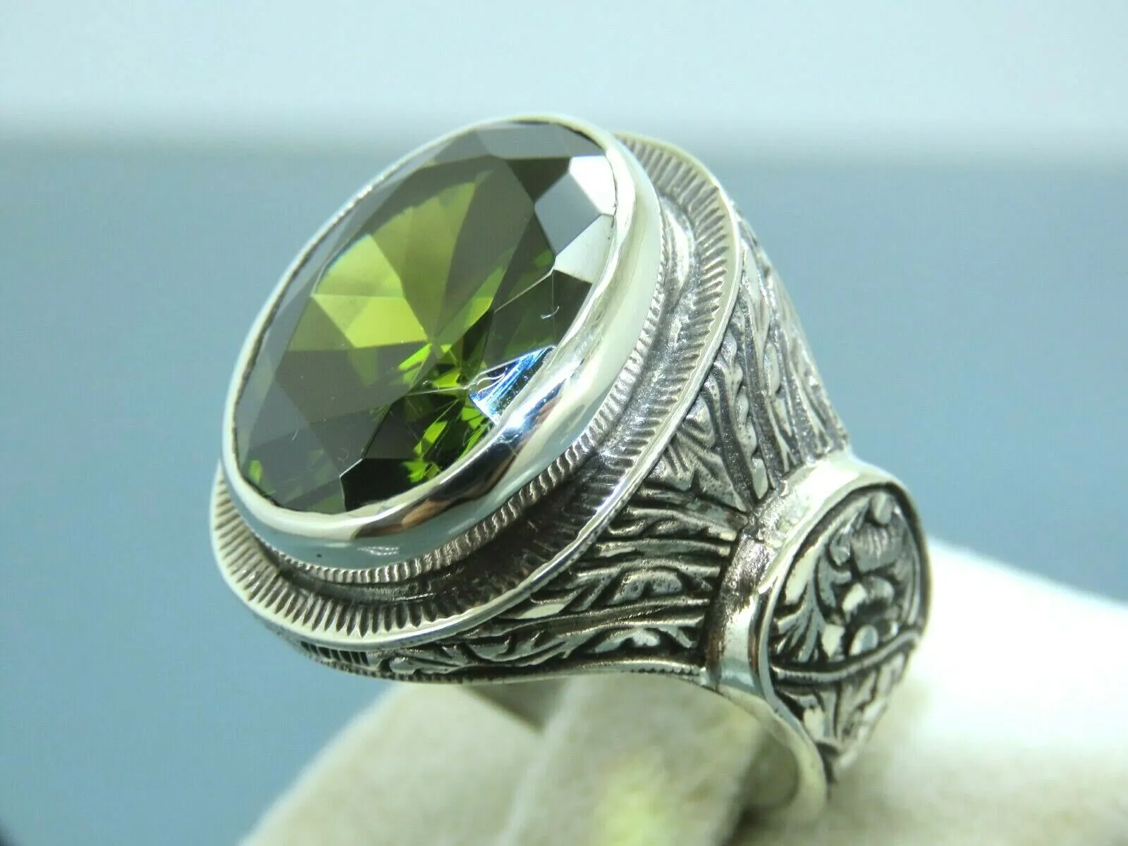 Turkish Handmade Jewelry 925 Sterling Silver Peridot Stone Engraved Mens Rings