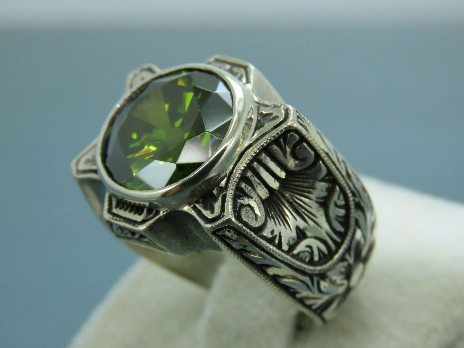 Turkish Handmade Jewelry 925 Sterling Silver Peridot Stone Engraved Mens Rings