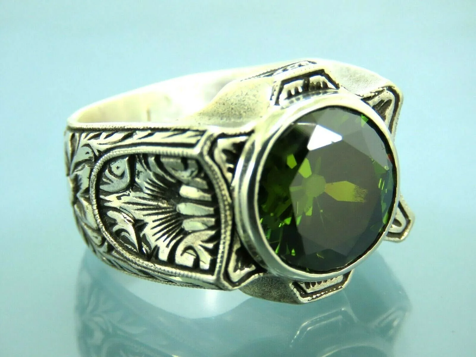 Turkish Handmade Jewelry 925 Sterling Silver Peridot Stone Engraved Mens Rings