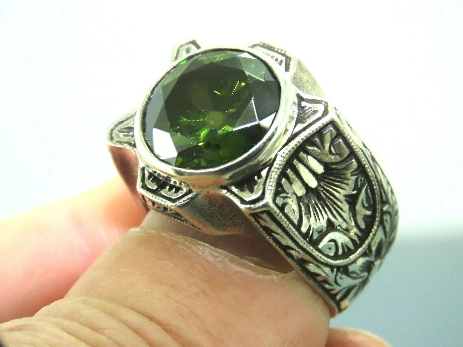 Turkish Handmade Jewelry 925 Sterling Silver Peridot Stone Engraved Mens Rings