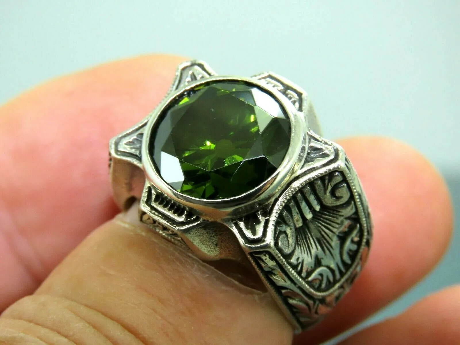 Turkish Handmade Jewelry 925 Sterling Silver Peridot Stone Engraved Mens Rings