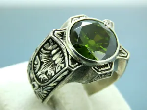 Turkish Handmade Jewelry 925 Sterling Silver Peridot Stone Engraved Mens Rings