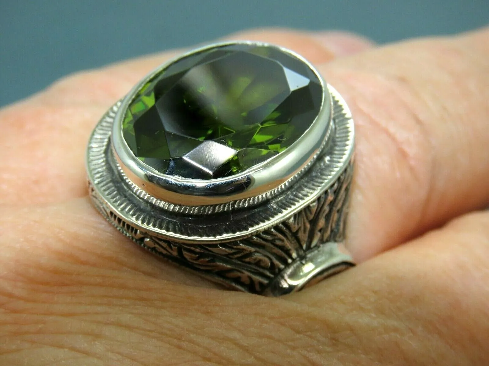 Turkish Handmade Jewelry 925 Sterling Silver Peridot Stone Engraved Mens Rings