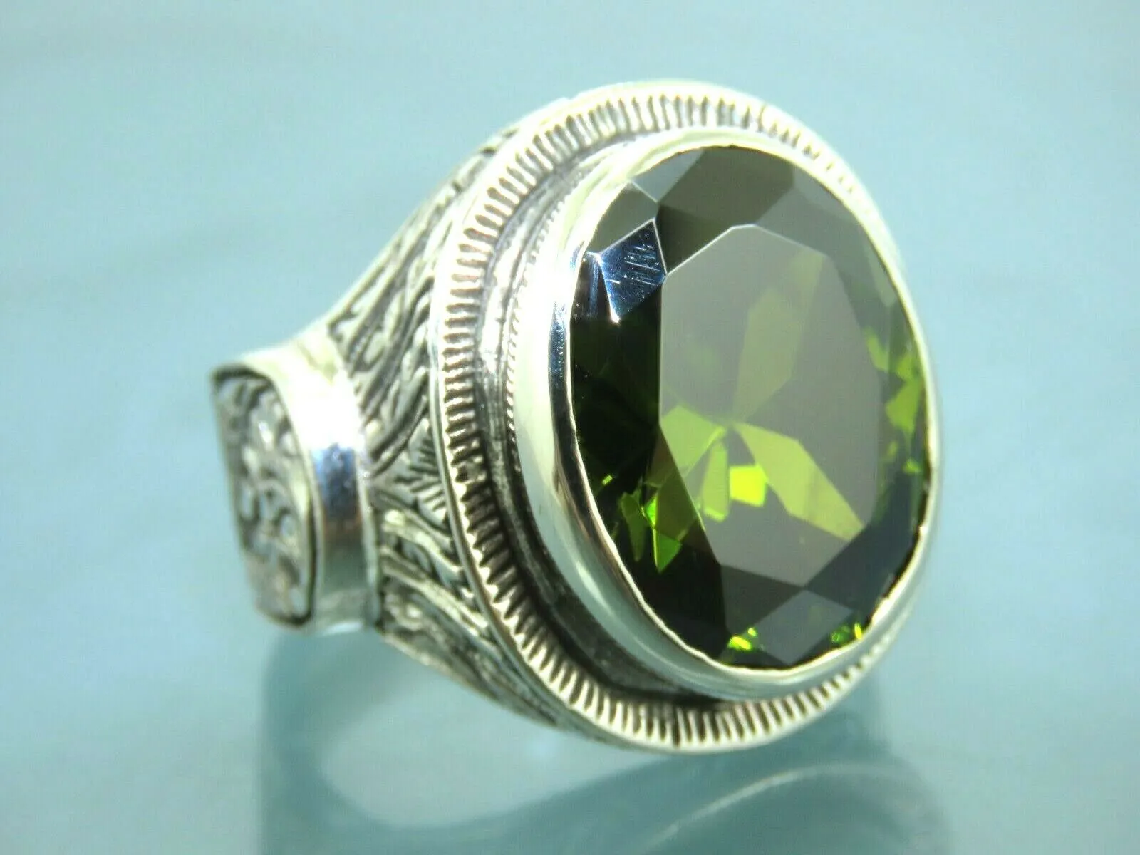 Turkish Handmade Jewelry 925 Sterling Silver Peridot Stone Engraved Mens Rings