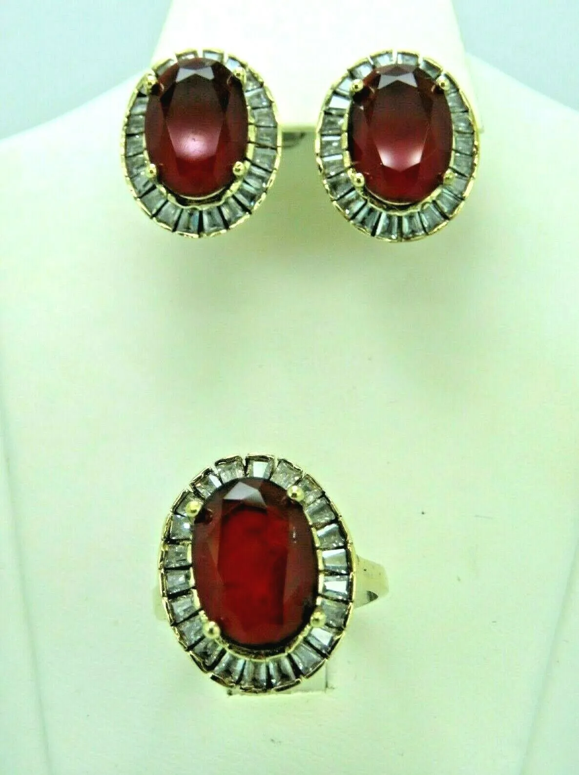 Turkish Handmade Jewelry 925 Sterling Silver Ruby Stone Women's Earrings & Ring Jewelry Set