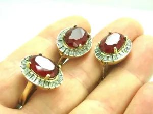 Turkish Handmade Jewelry 925 Sterling Silver Ruby Stone Women's Earrings & Ring Jewelry Set