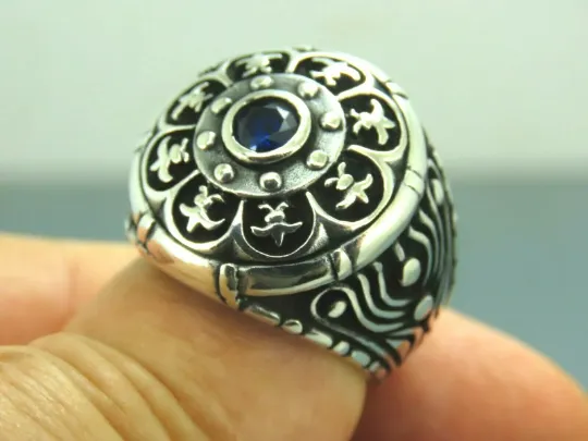 Turkish Handmade Jewelry 925 Sterling Silver Sapphire Stone Men's Rings