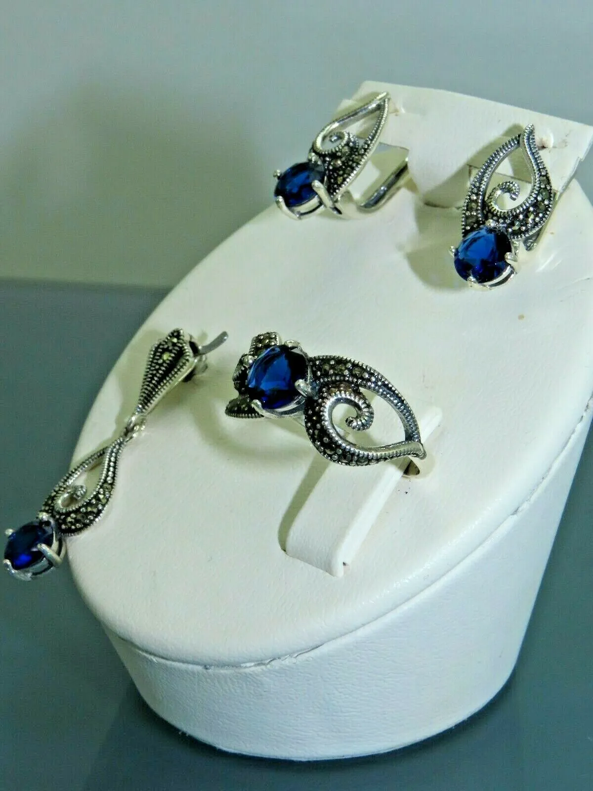 Turkish Handmade Jewelry 925 Sterling Silver Sapphire Stone Women's Earrings, Pendant & Ring Jewelry Set