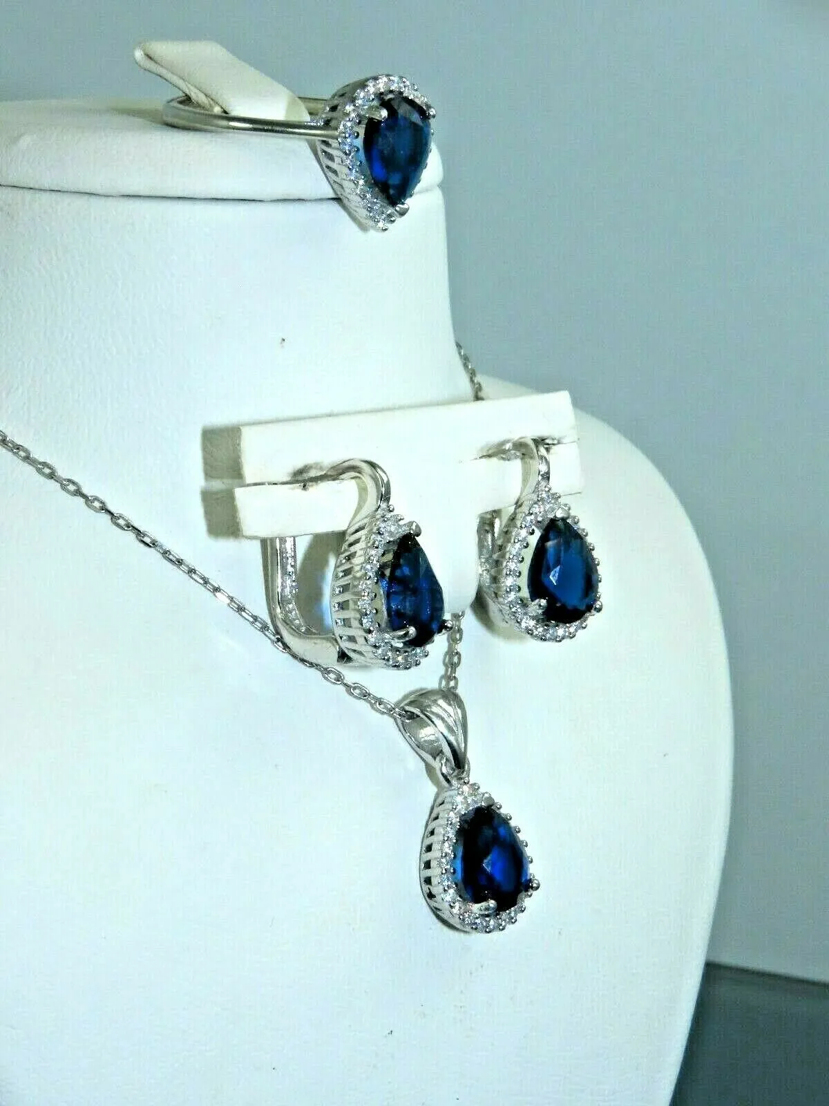 Turkish Handmade Jewelry 925 Sterling Silver Sapphire Stone Women's Earrings, Pendant & Ring Jewelry Set