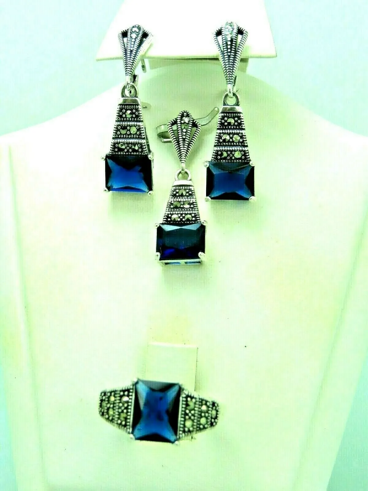 Turkish Handmade Jewelry 925 Sterling Silver Sapphire Stone Women's Earrings, Pendant & Ring Jewelry Set