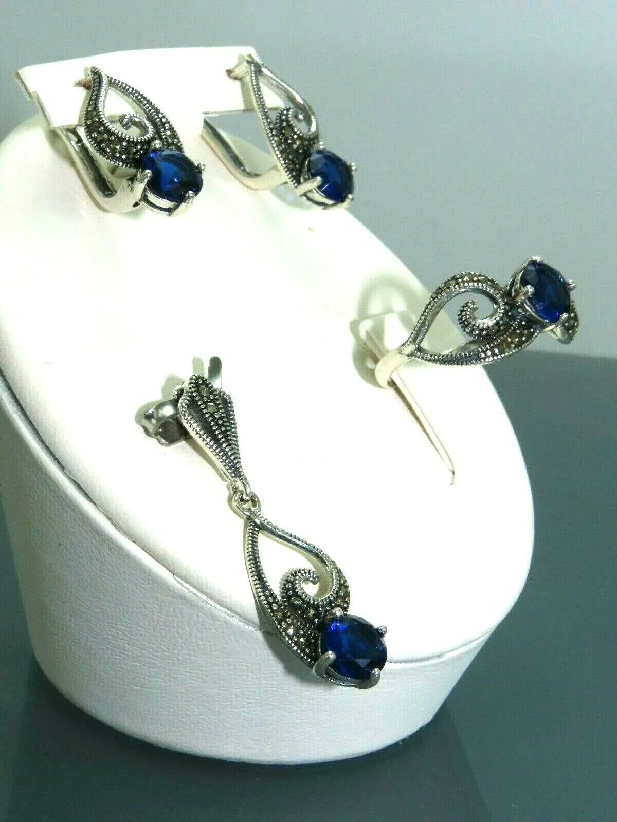Turkish Handmade Jewelry 925 Sterling Silver Sapphire Stone Women's Earrings, Pendant & Ring Jewelry Set