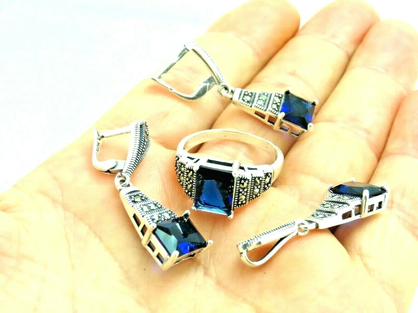 Turkish Handmade Jewelry 925 Sterling Silver Sapphire Stone Women's Earrings, Pendant & Ring Jewelry Set