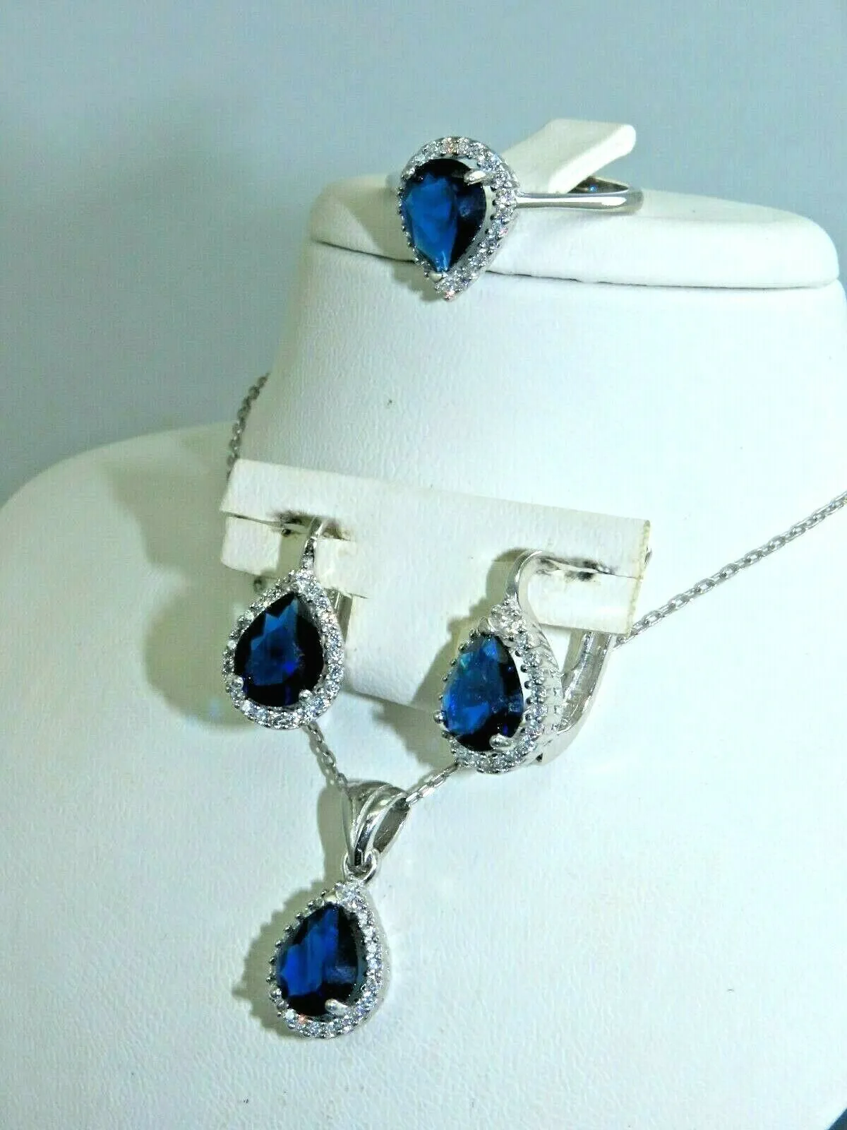Turkish Handmade Jewelry 925 Sterling Silver Sapphire Stone Women's Earrings, Pendant & Ring Jewelry Set