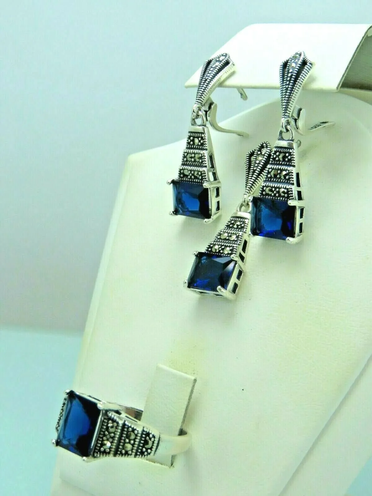 Turkish Handmade Jewelry 925 Sterling Silver Sapphire Stone Women's Earrings, Pendant & Ring Jewelry Set