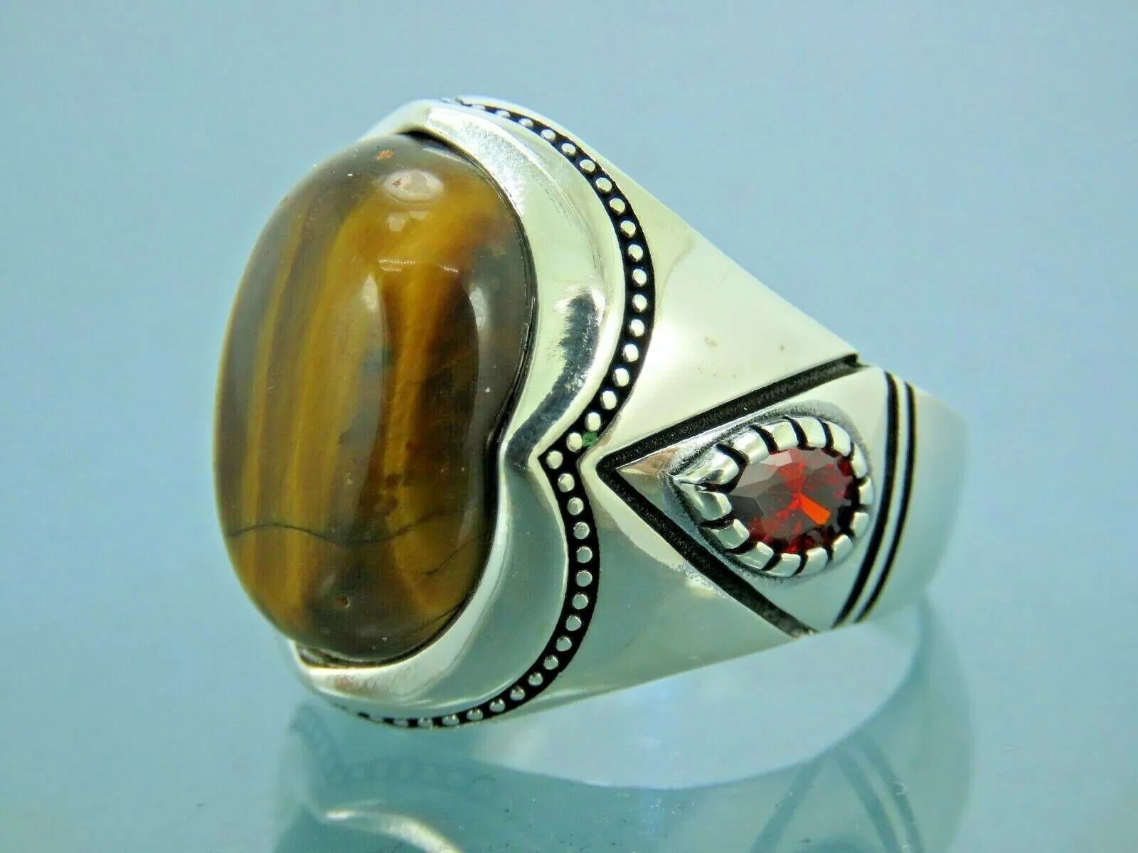 Turkish Handmade Jewelry 925 Sterling Silver Tiger's Eye Stone Mens Rings