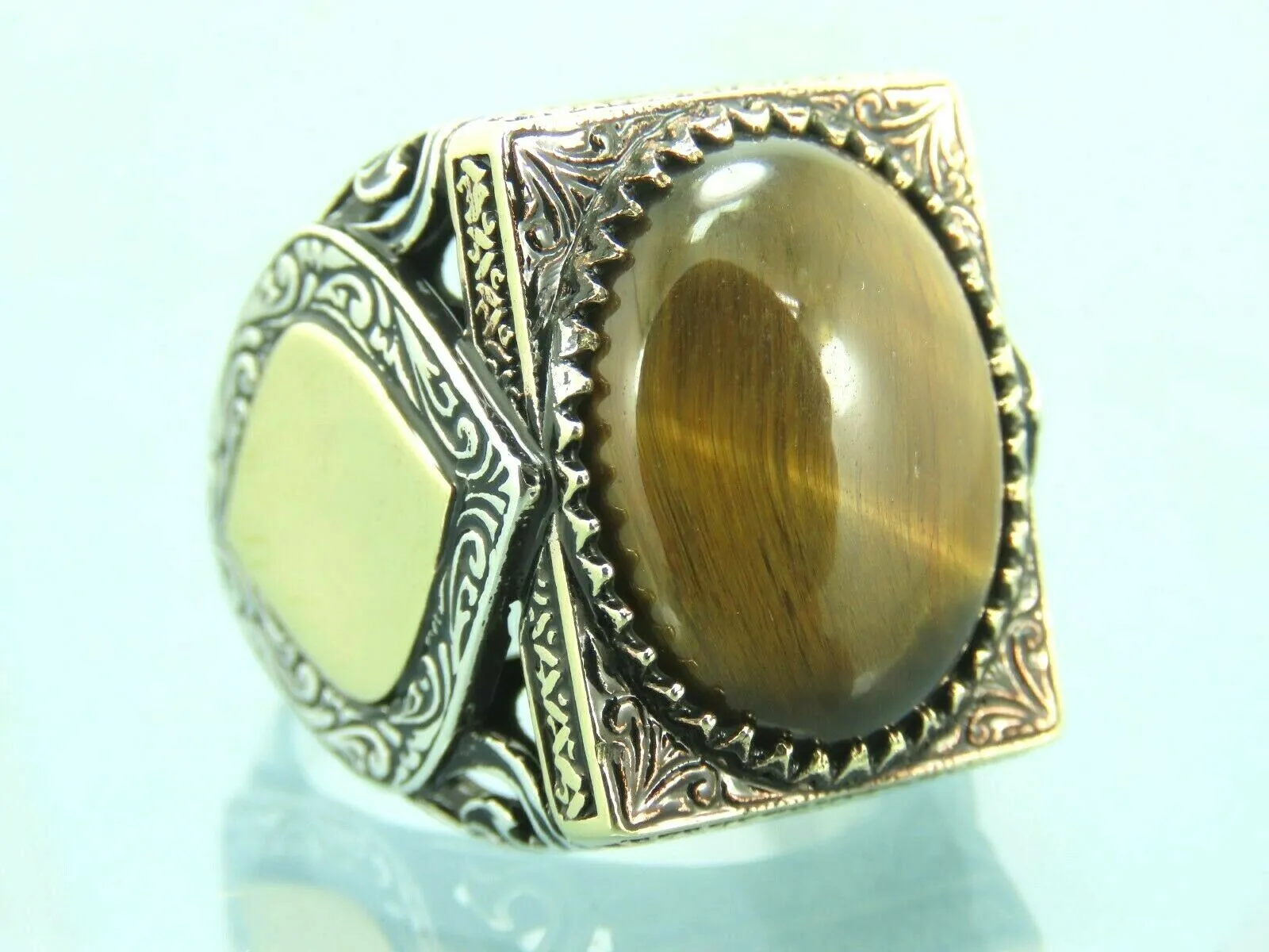 Turkish Handmade Jewelry 925 Sterling Silver Tiger's Eye Stone Mens Rings