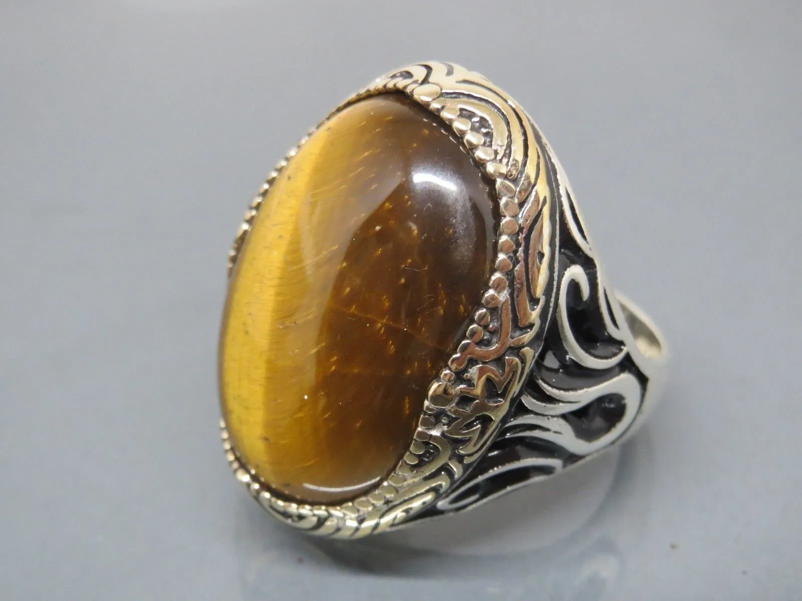 Turkish Handmade Jewelry 925 Sterling Silver Tiger's Eye Stone Mens Rings