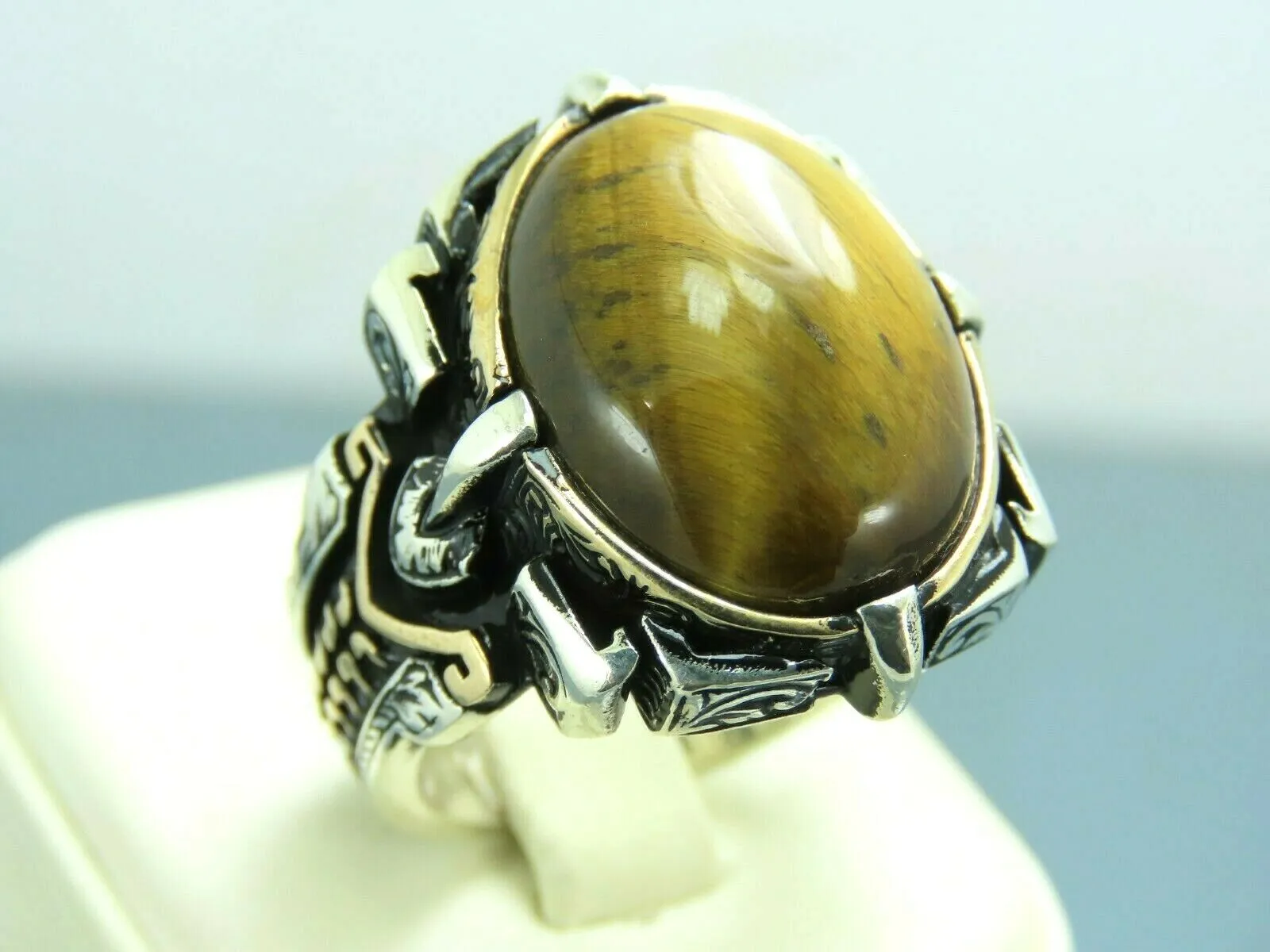 Turkish Handmade Jewelry 925 Sterling Silver Tiger's Eye Stone Mens Rings