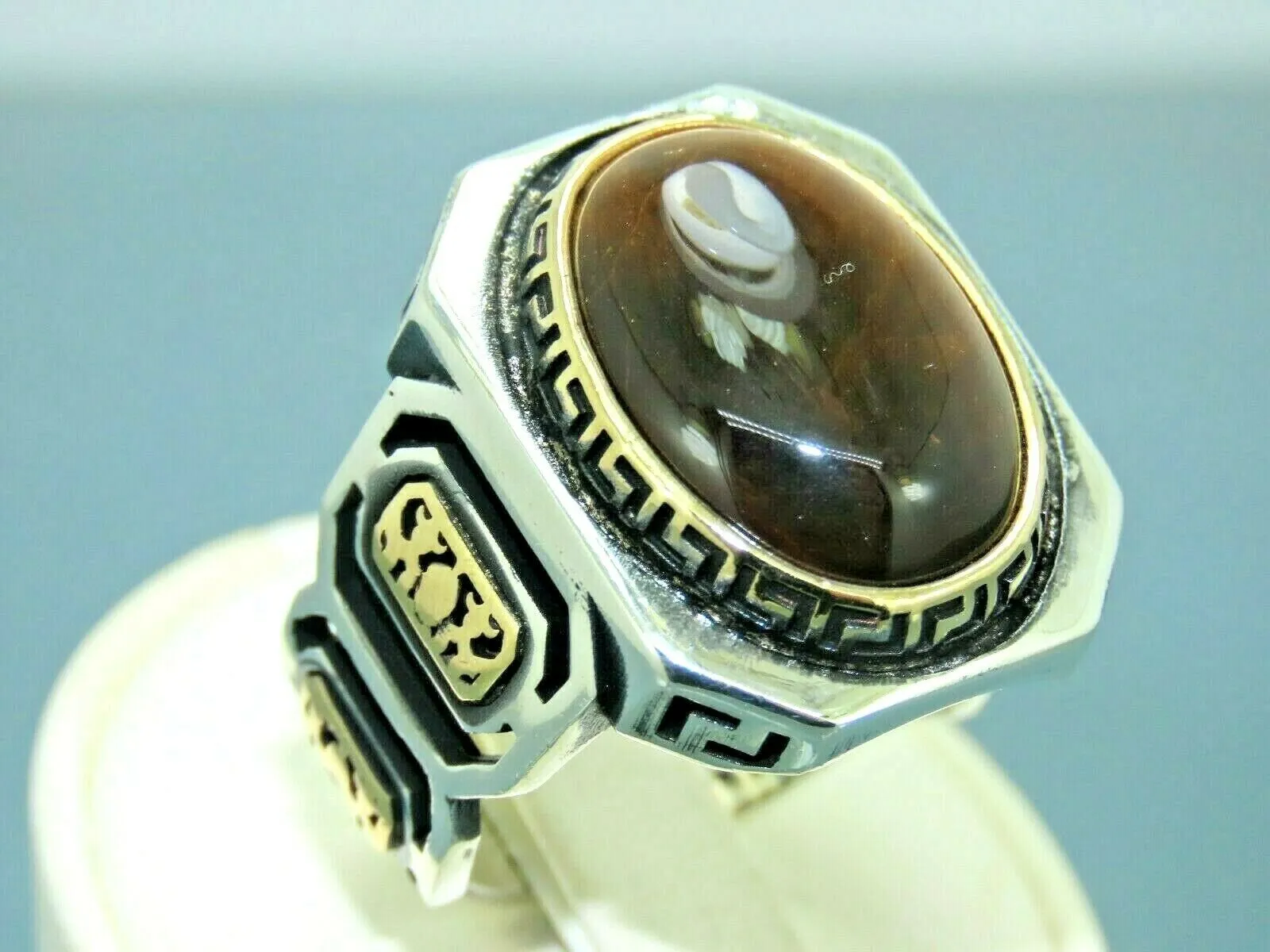 Turkish Handmade Jewelry 925 Sterling Silver Tiger's Eye Stone Mens Rings