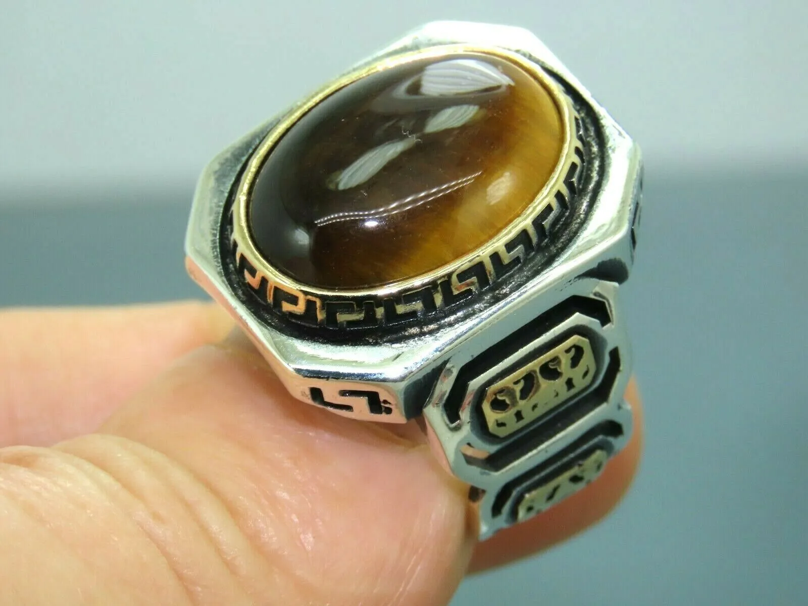 Turkish Handmade Jewelry 925 Sterling Silver Tiger's Eye Stone Mens Rings