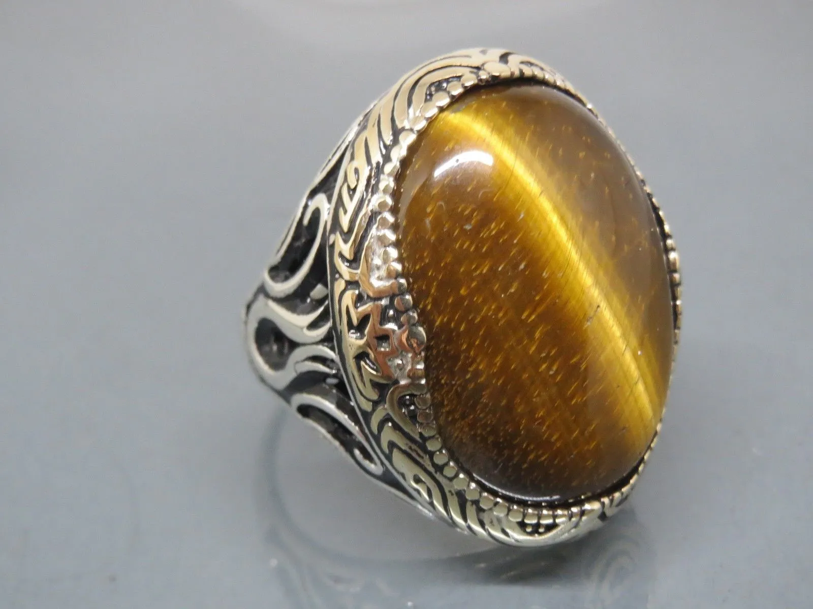 Turkish Handmade Jewelry 925 Sterling Silver Tiger's Eye Stone Mens Rings