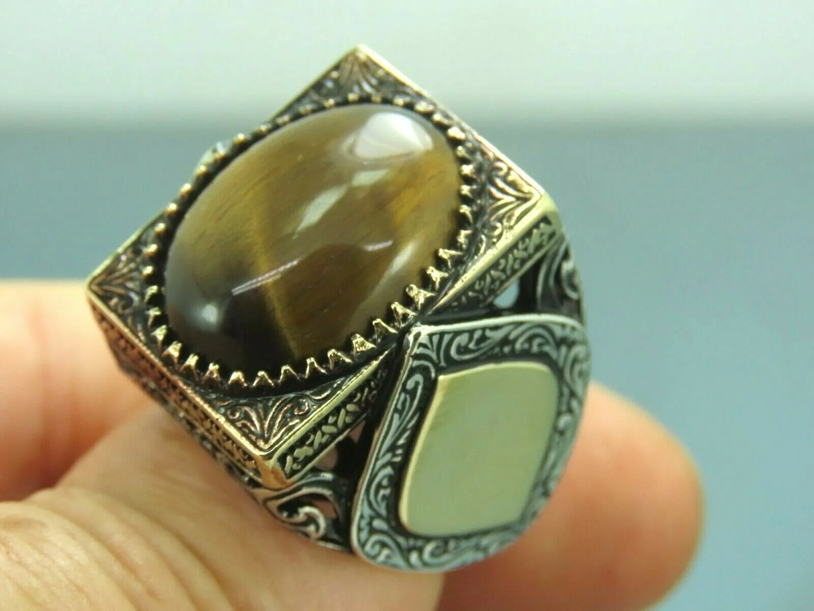 Turkish Handmade Jewelry 925 Sterling Silver Tiger's Eye Stone Mens Rings