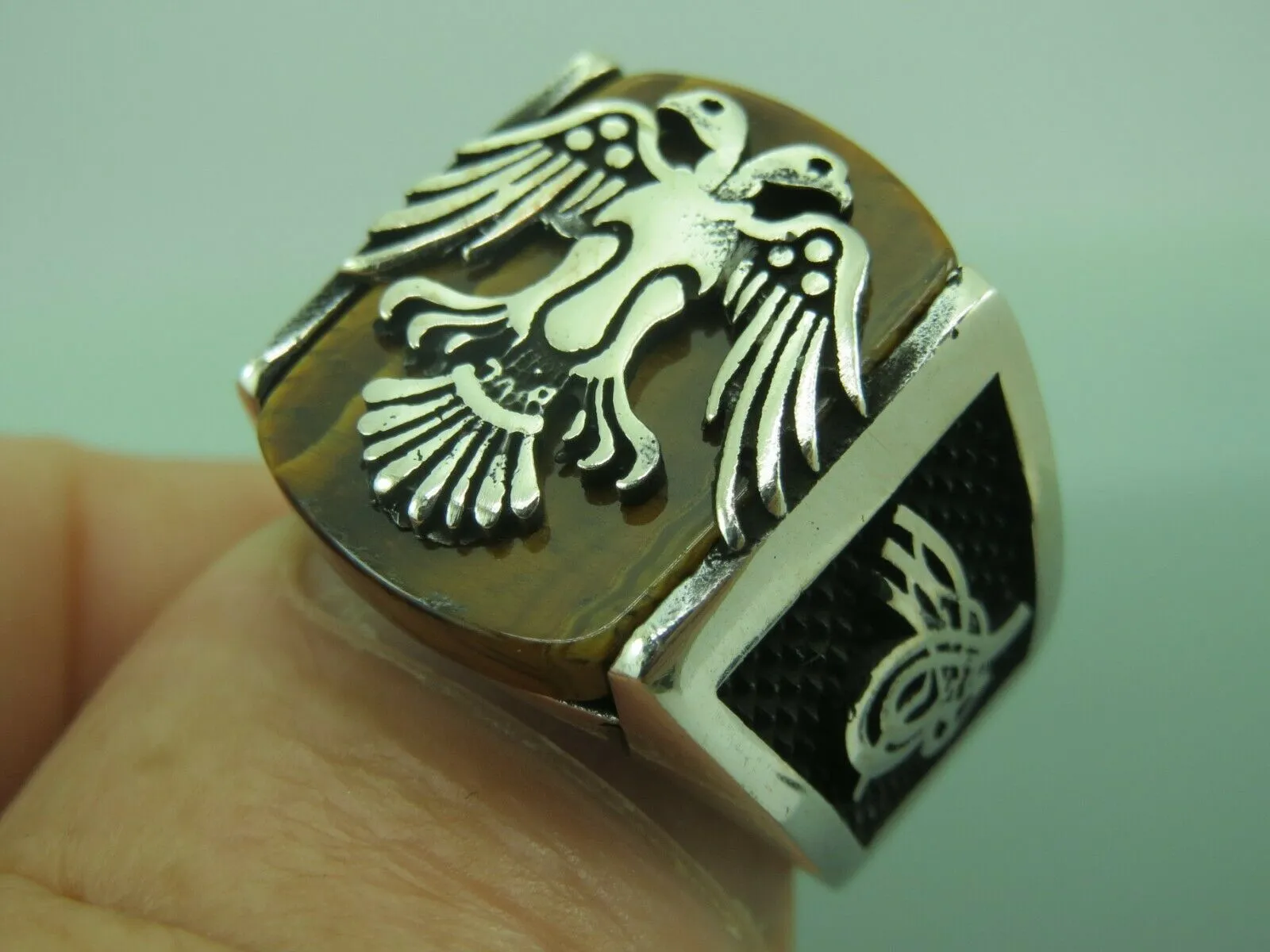 Turkish Handmade Jewelry 925 Sterling Silver Tiger's Eye Stone Mens Rings
