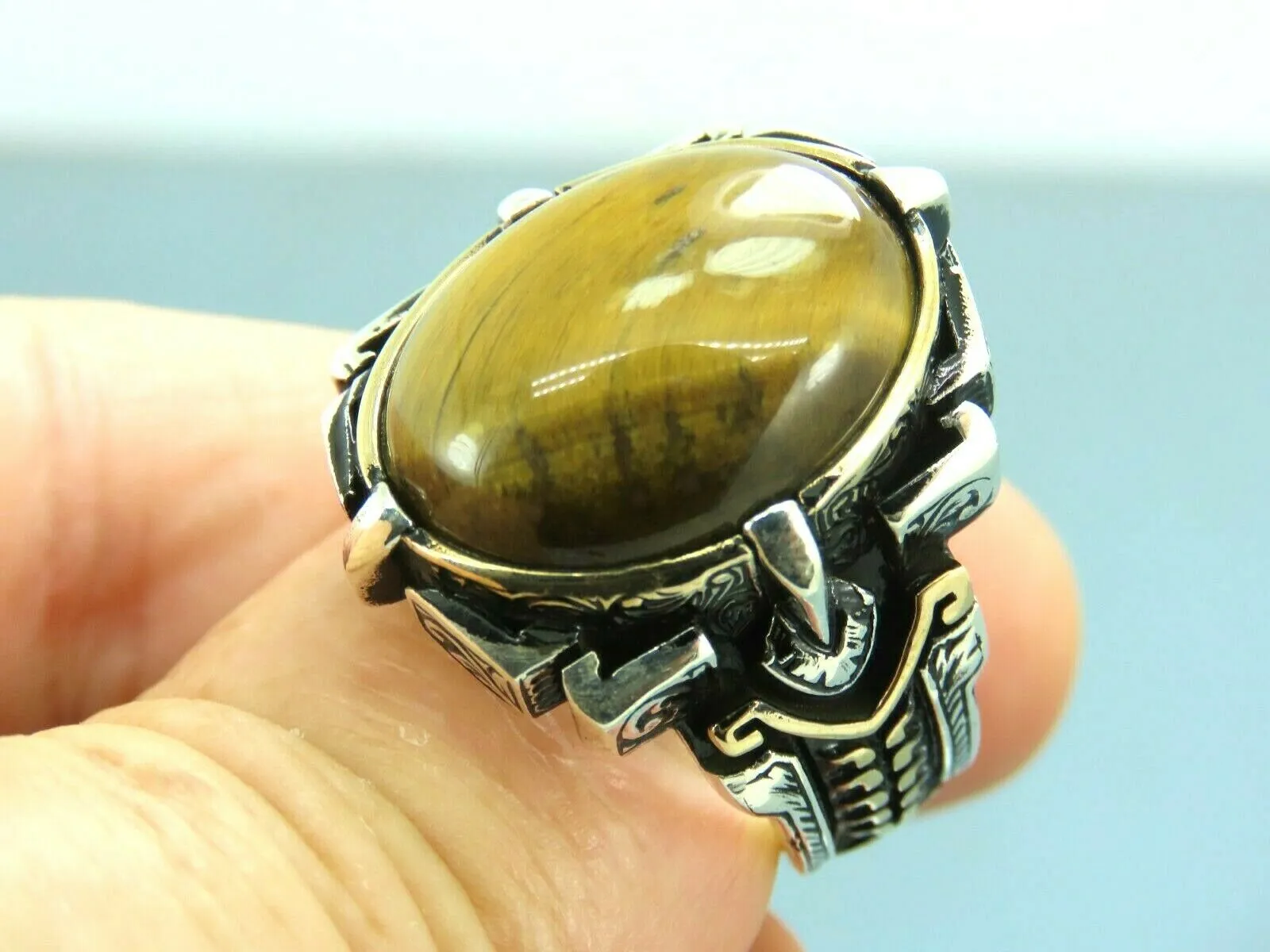 Turkish Handmade Jewelry 925 Sterling Silver Tiger's Eye Stone Mens Rings