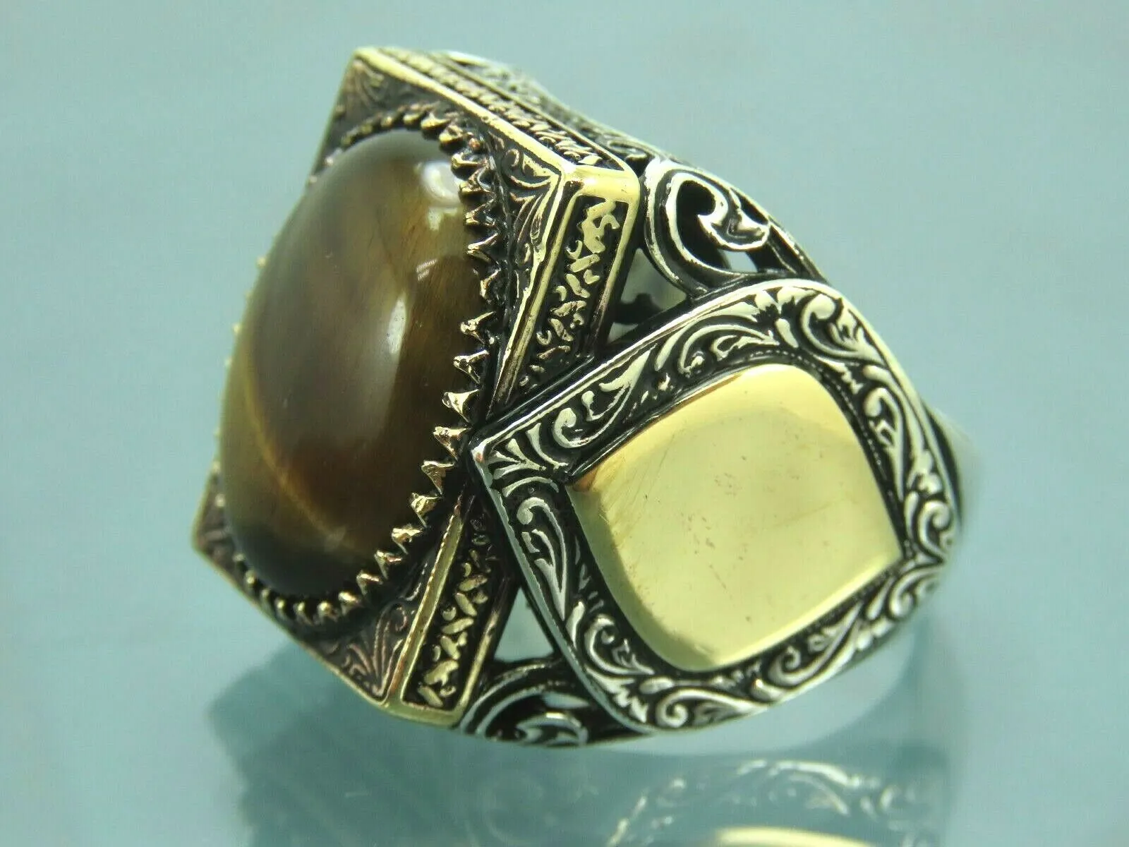 Turkish Handmade Jewelry 925 Sterling Silver Tiger's Eye Stone Mens Rings