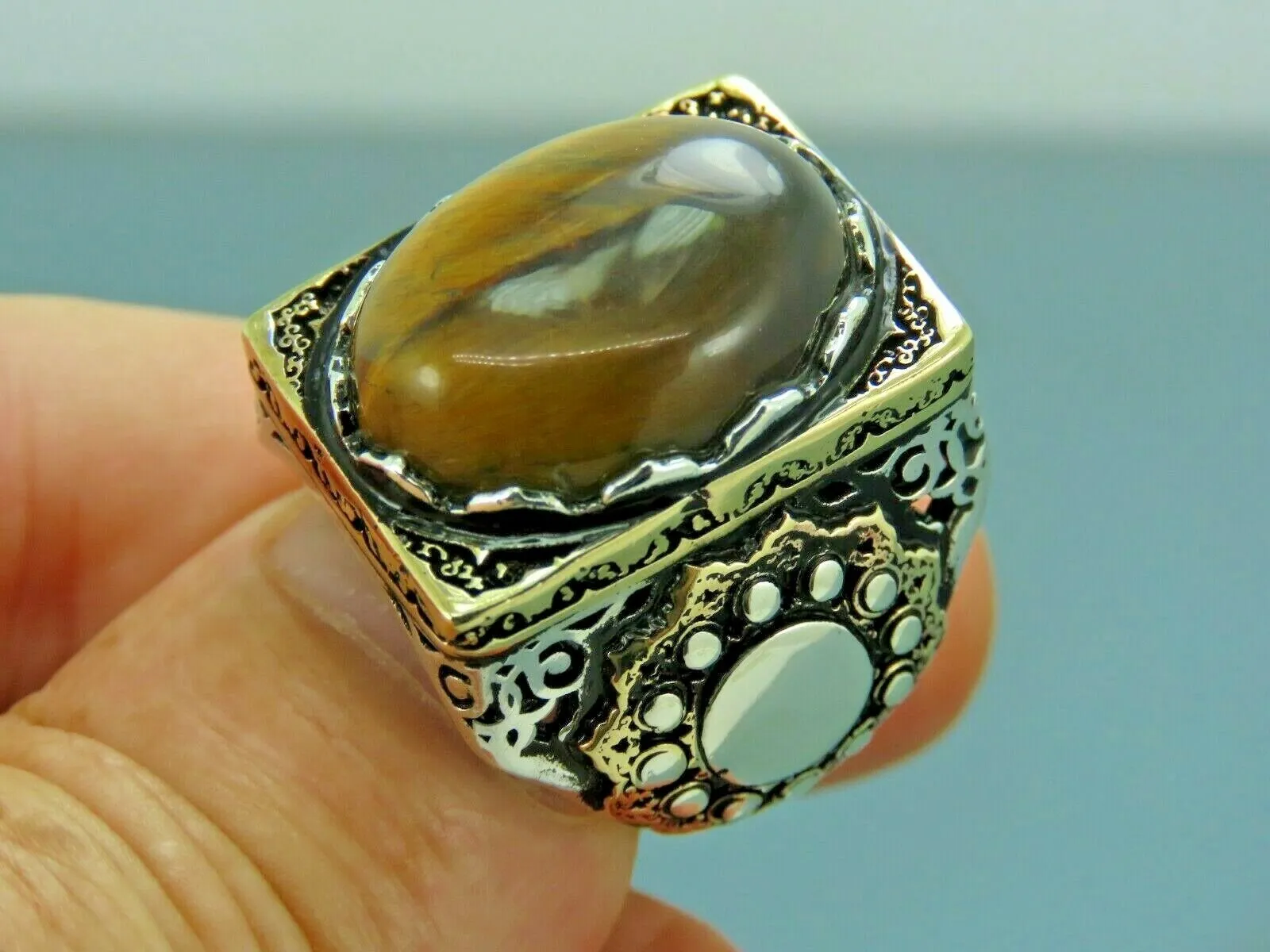Turkish Handmade Jewelry 925 Sterling Silver Tiger's Eye Stone Mens Rings