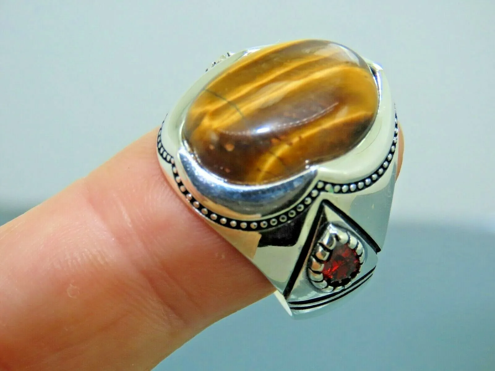 Turkish Handmade Jewelry 925 Sterling Silver Tiger's Eye Stone Mens Rings