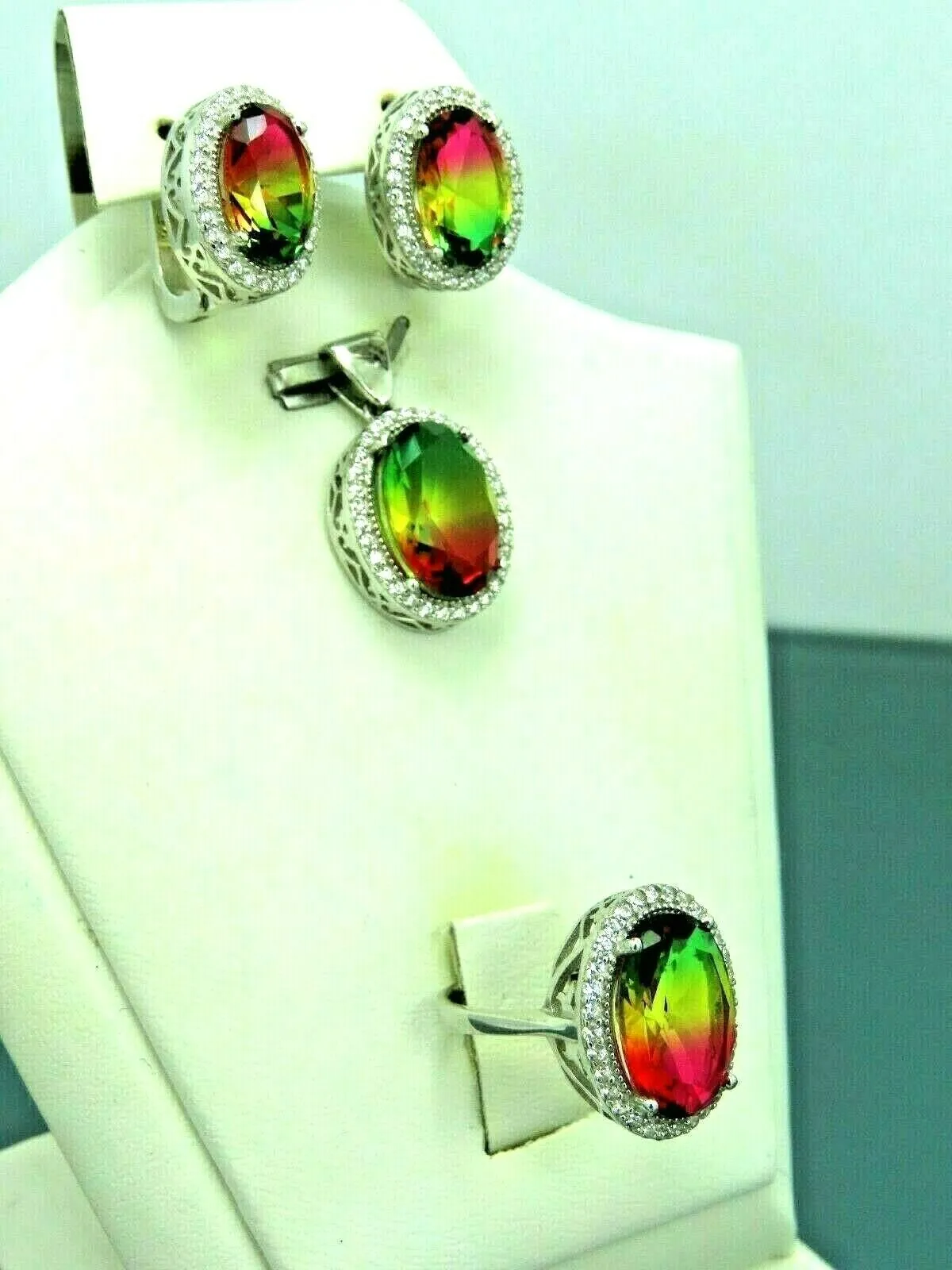 Turkish Handmade Jewelry 925 Sterling Silver Tourmaline Stone Women's Earrings, Pendant & Ring Jewelry Set