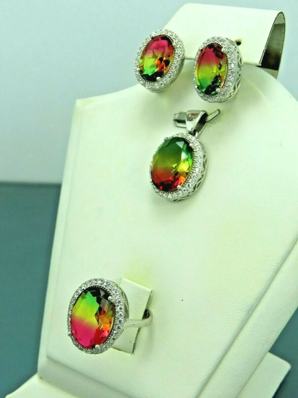 Turkish Handmade Jewelry 925 Sterling Silver Tourmaline Stone Women's Earrings, Pendant & Ring Jewelry Set