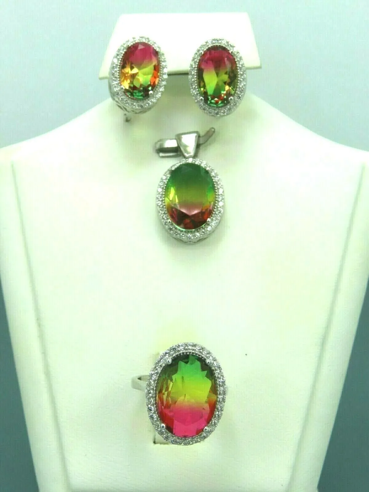 Turkish Handmade Jewelry 925 Sterling Silver Tourmaline Stone Women's Earrings, Pendant & Ring Jewelry Set