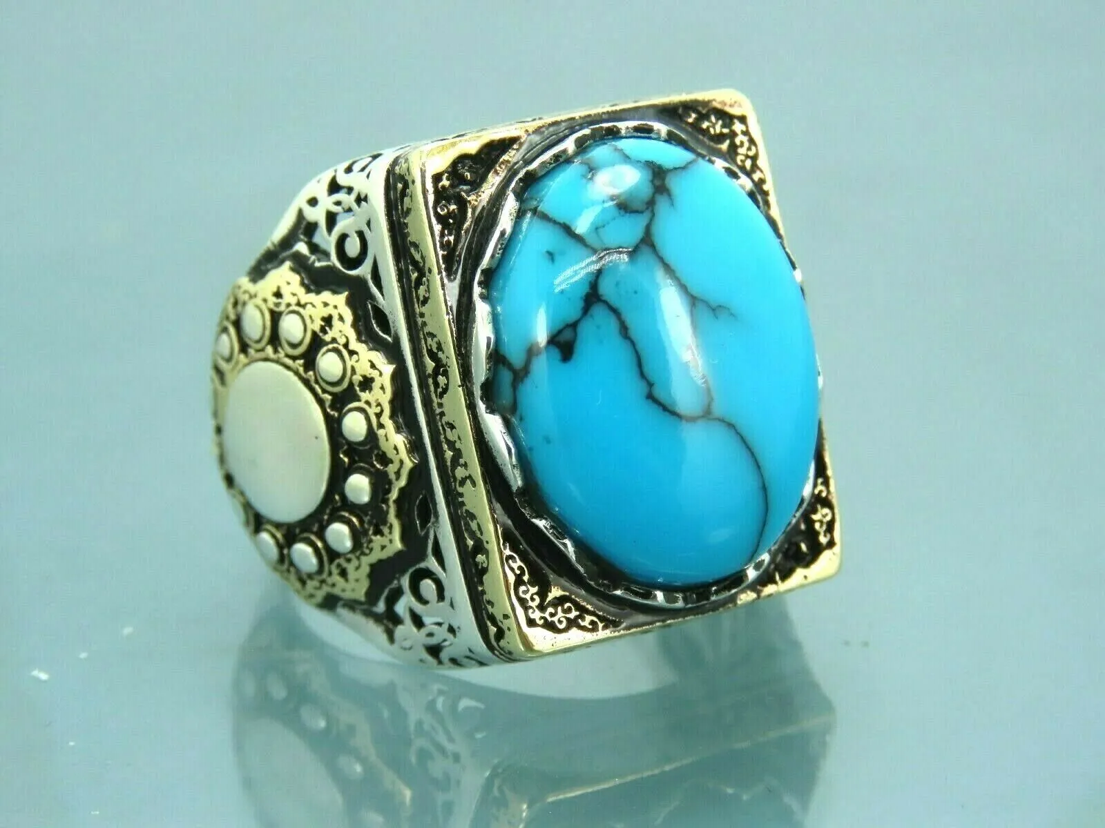 Turkish Handmade Jewelry 925 Sterling Silver Turquoise Stone Mens Rings