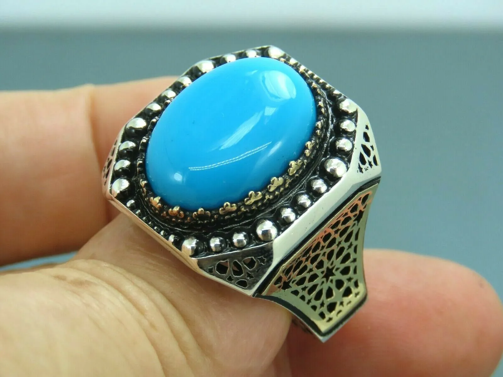 Turkish Handmade Jewelry 925 Sterling Silver Turquoise Stone Mens Rings