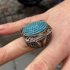 Turkish Handmade Jewelry 925 Sterling Silver Turquoise Stone Mens Rings