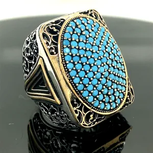 Turkish Handmade Jewelry 925 Sterling Silver Turquoise Stone Mens Rings