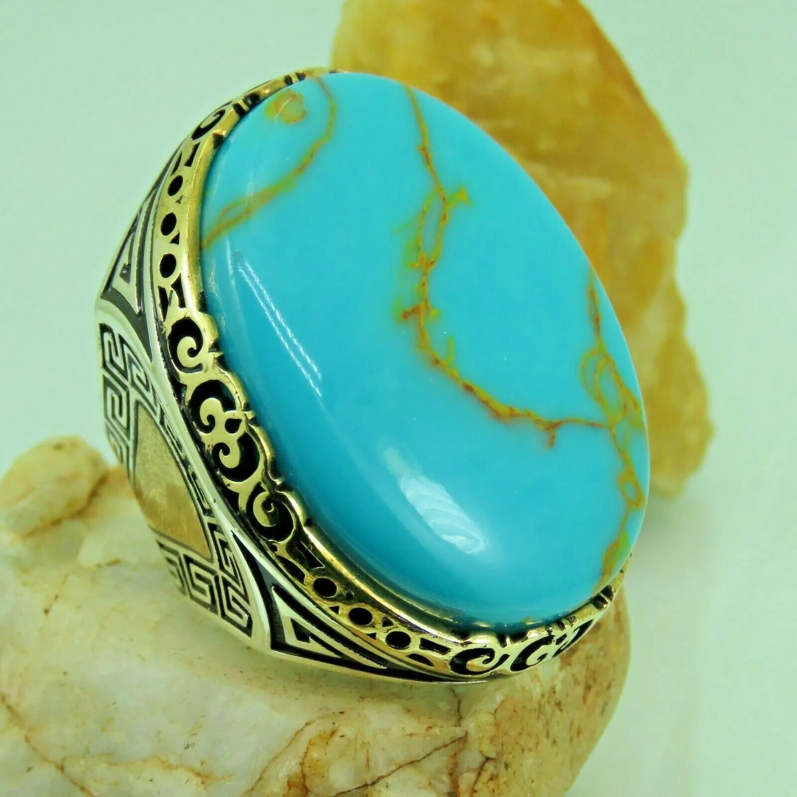 Turkish Handmade Jewelry 925 Sterling Silver Turquoise Stone Mens Rings