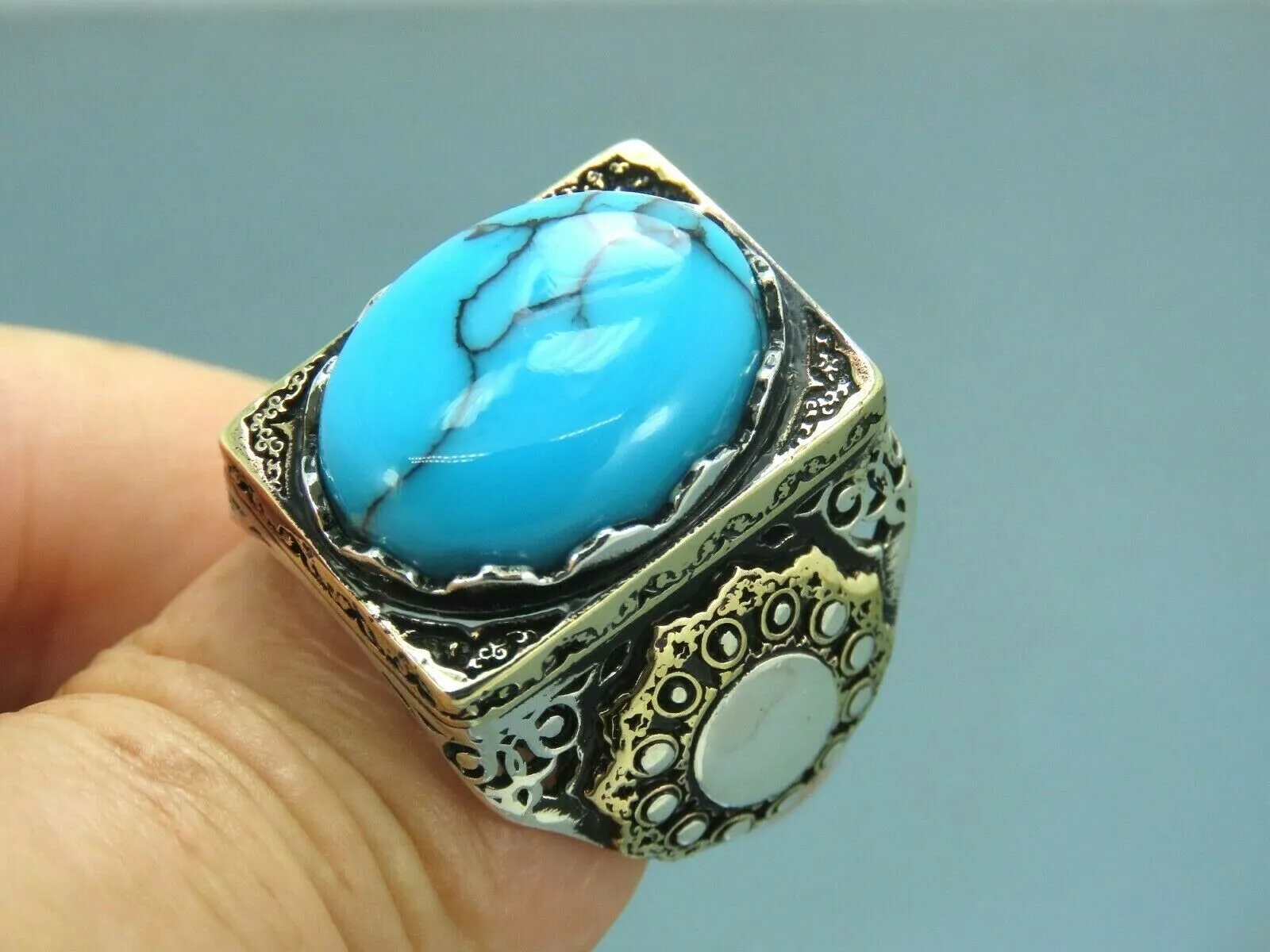 Turkish Handmade Jewelry 925 Sterling Silver Turquoise Stone Mens Rings