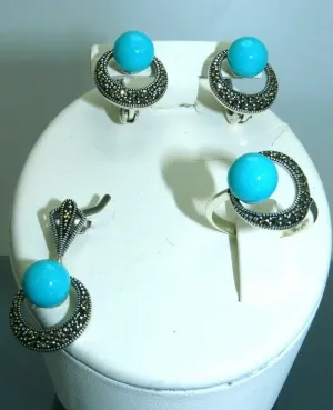 Turkish Handmade Jewelry 925 Sterling Silver Turquoise Stone Women's Earrings, Pendant & Ring Jewelry Set