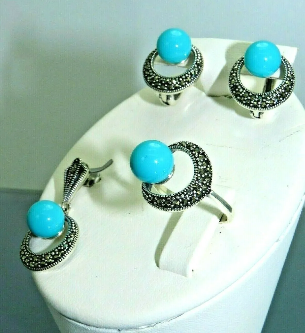 Turkish Handmade Jewelry 925 Sterling Silver Turquoise Stone Women's Earrings, Pendant & Ring Jewelry Set