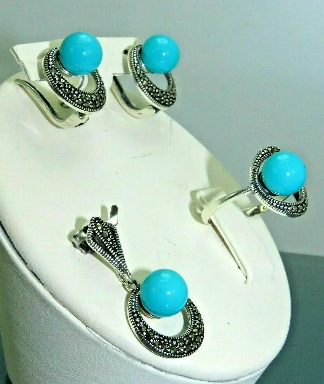 Turkish Handmade Jewelry 925 Sterling Silver Turquoise Stone Women's Earrings, Pendant & Ring Jewelry Set