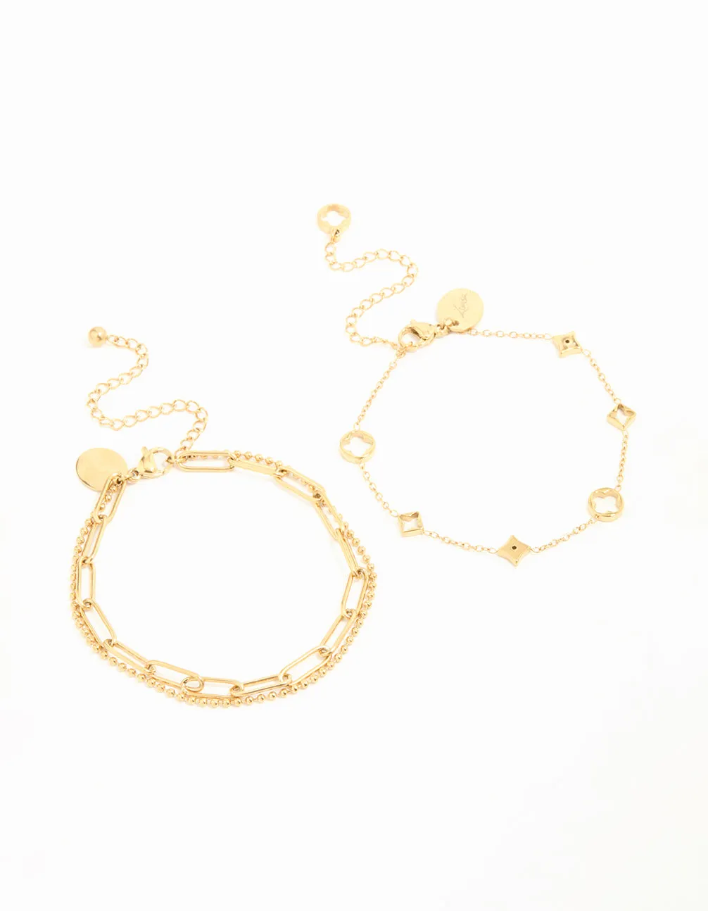 Waterproof Gold Plated Stainless Steel Hollow Flower Chain Bracelets 2-Pack